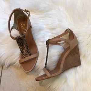 Tan T-Strap Peep Toe Boho Wedge Pump Sandals